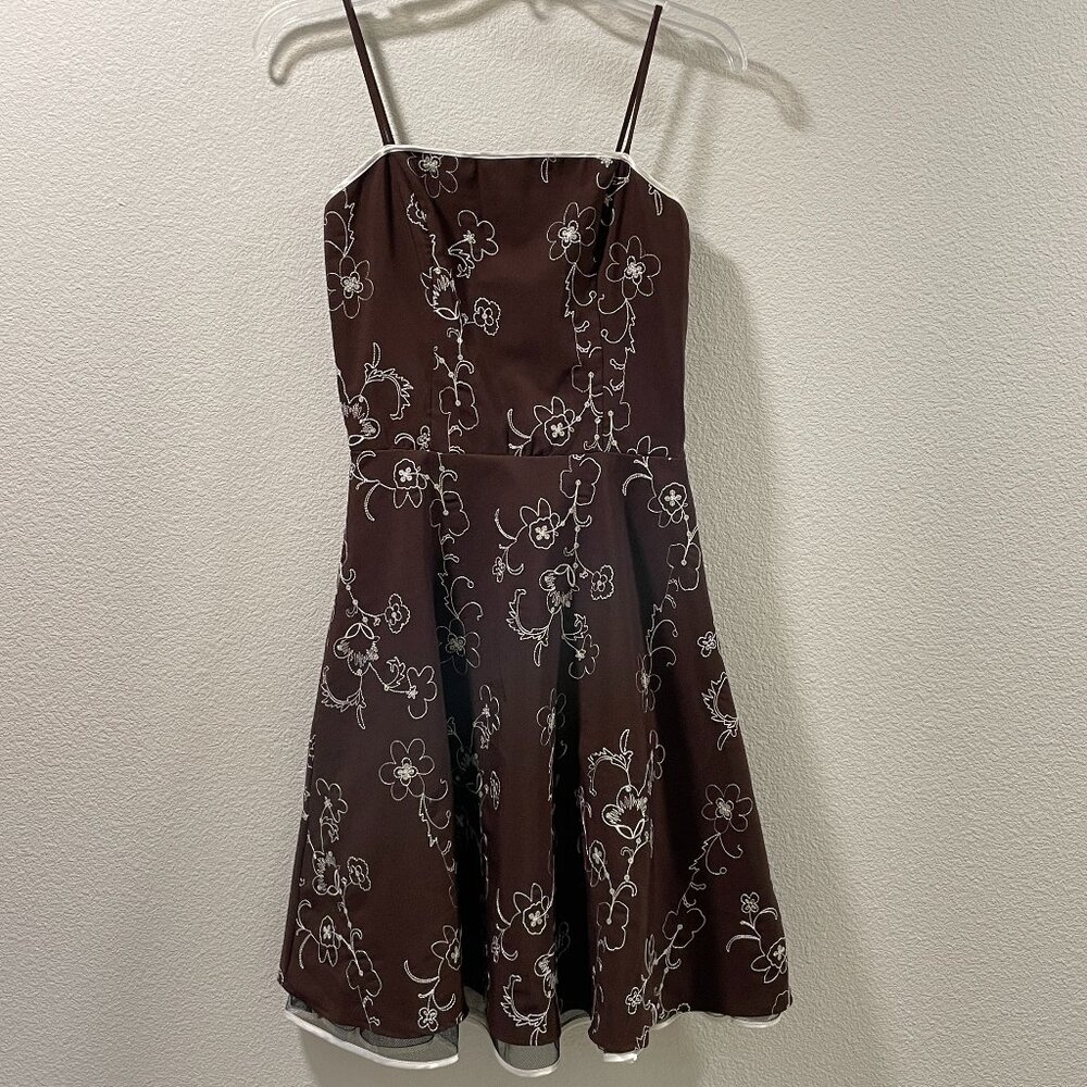 Steppin' Out Brown Ivory Embroidery Sequin Spaghetti Strap Dress Women S VTG EUC